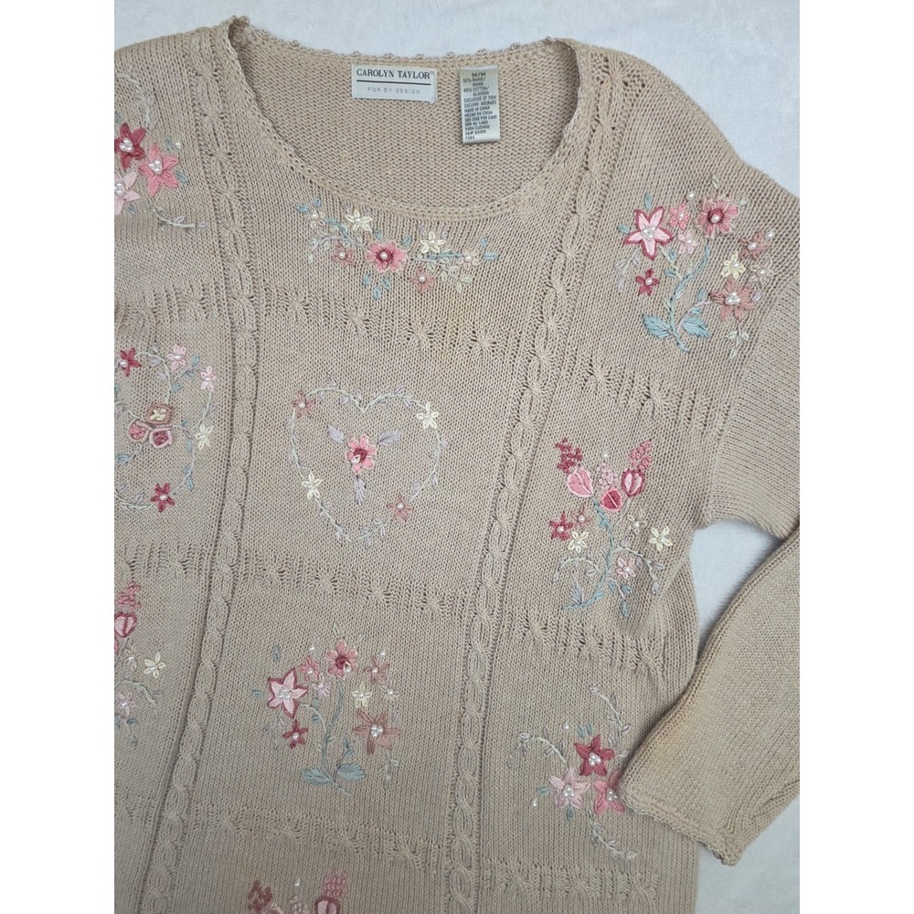 Vtg 1990s Embroidered Pearl Heart Flower Cable Knit Sweater Cottage Tan Tunic M - Picture 7 of 14